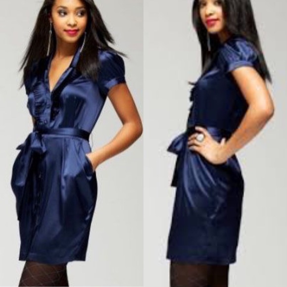 BEBE Silk Ruffle Front Shirt Dress, Cap Sleeve XXS - Picture 2 of 8